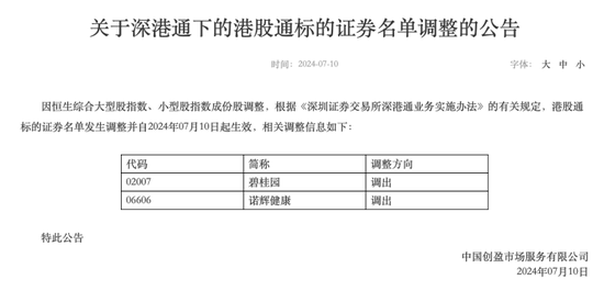 深交所：將碧桂園、諾輝健康調出港股通標的證券名單